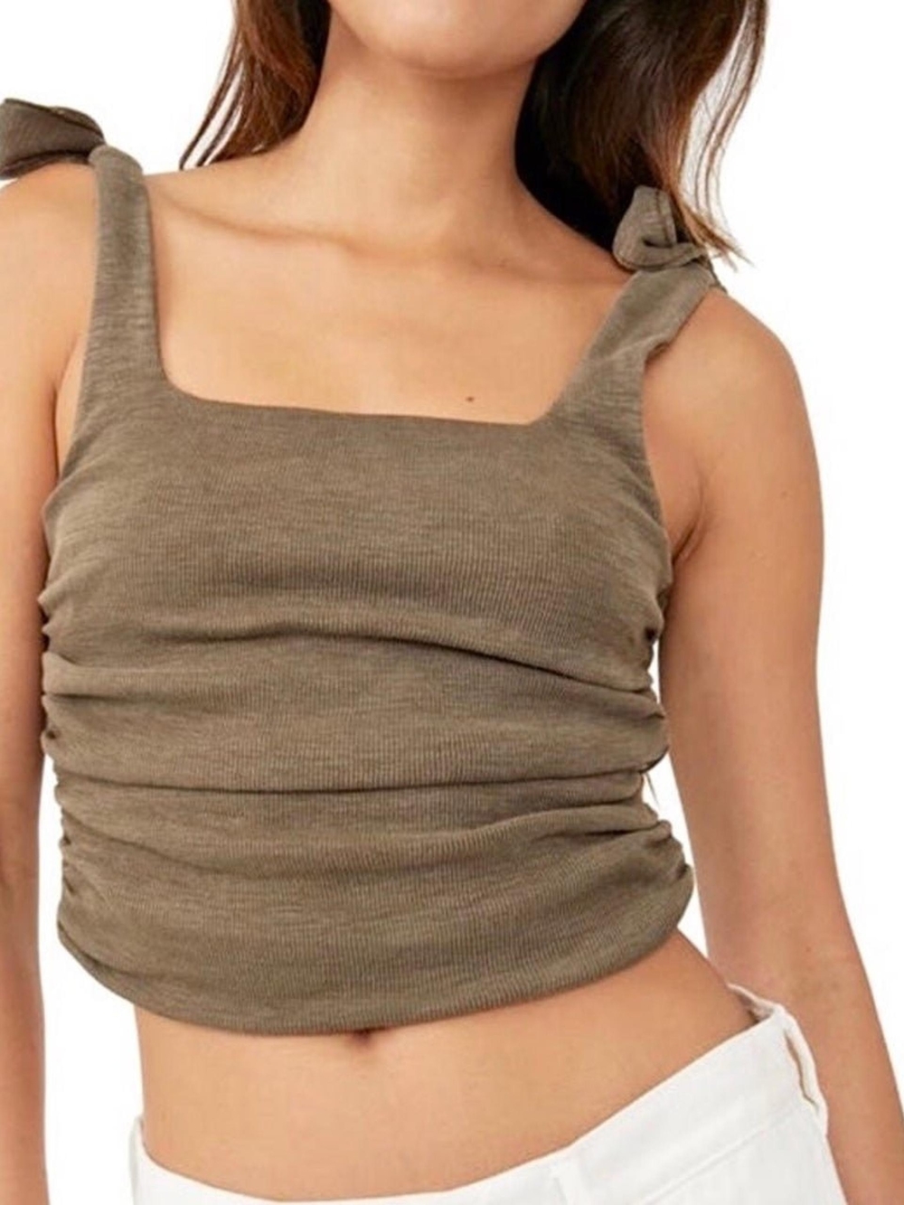 Nwot Free People Olive Tie-Shoulder Ruched Crop Top